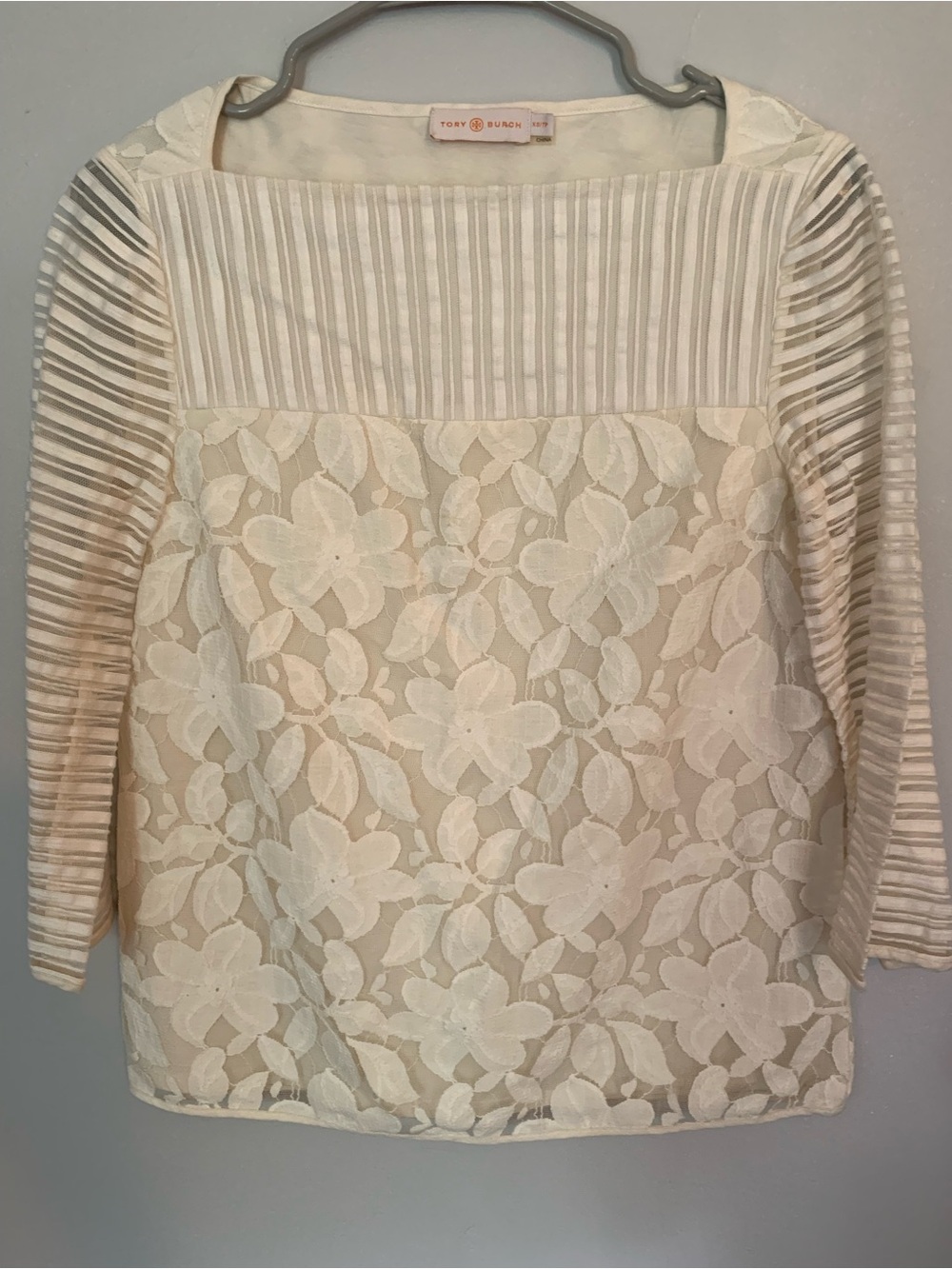 Tory Burch Cream Lace & Stripe Mixed-Media Blouse, size XS